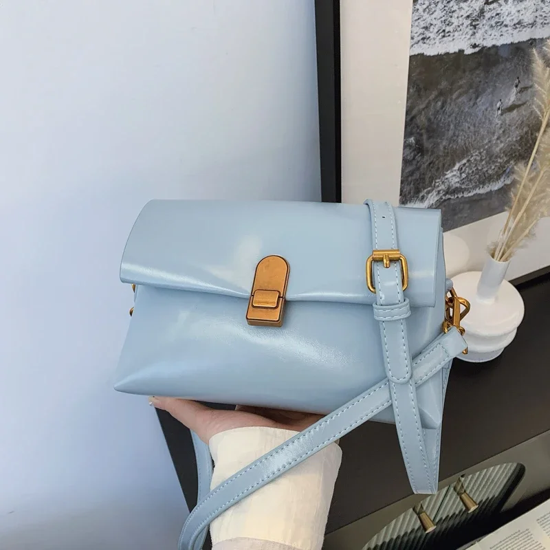 

Trendy Textured Leather Satchel Purse - Elegant Crossbody Bag With Retro Buckle Detailing & Gold Hardware