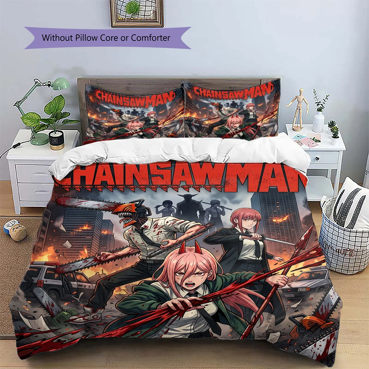 Chainsaw Man Anime Style Patterned Pillowcase & Duvet Cover Set Bedroom Bedding Decor Great Gift for Enthusiasts YUN6516