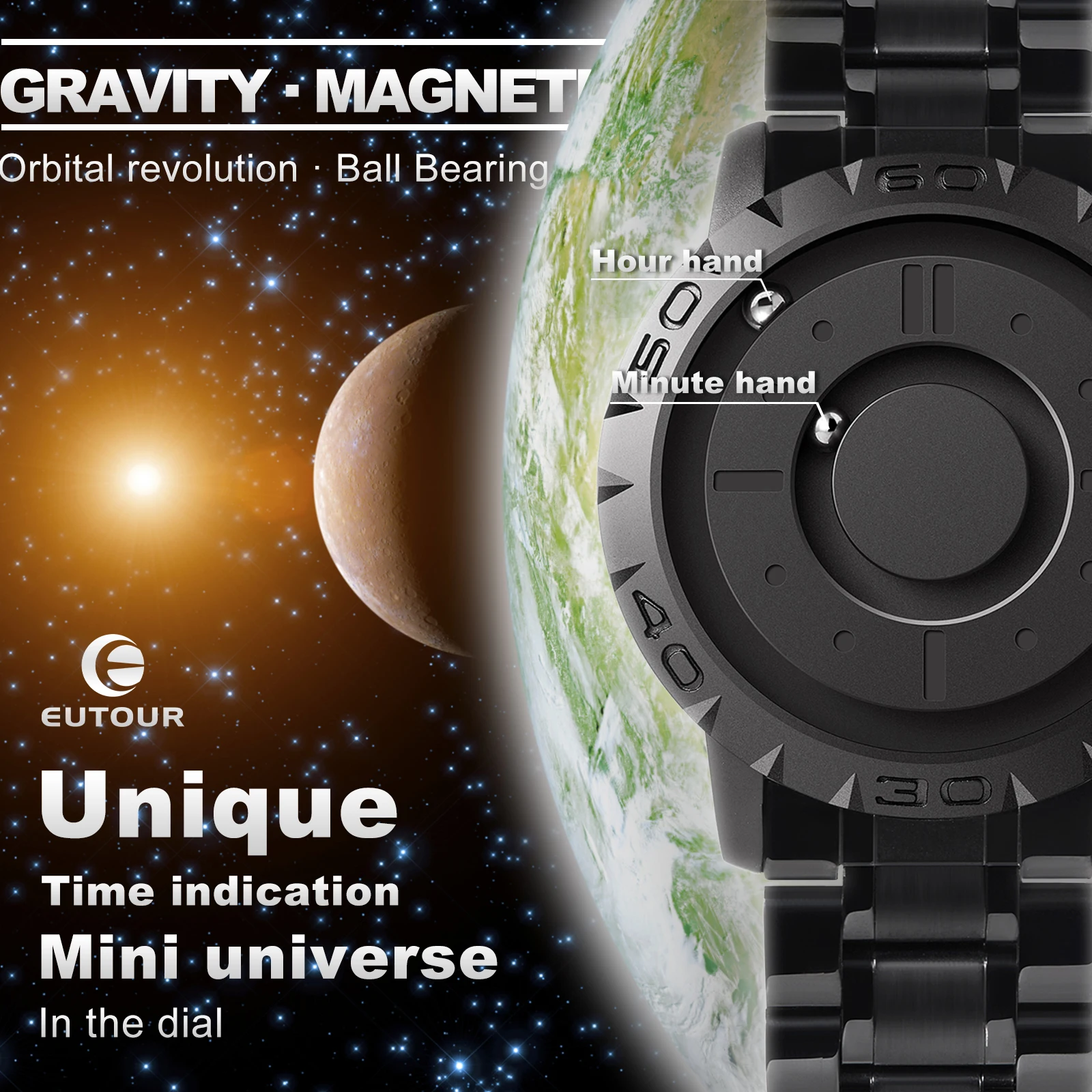 EUTOUR orologi da uomo orologi magnetici orologio al quarzo 3D orologi impermeabili cinturino in acciaio inossidabile in resina/pelle quadrante nero