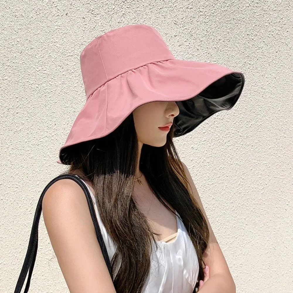 Solid Color Women Fisherman Hat Foldable Anti-Ultraviolet Wide Brim Sun Hat Sunshade Adjustable Sun Protection Hat