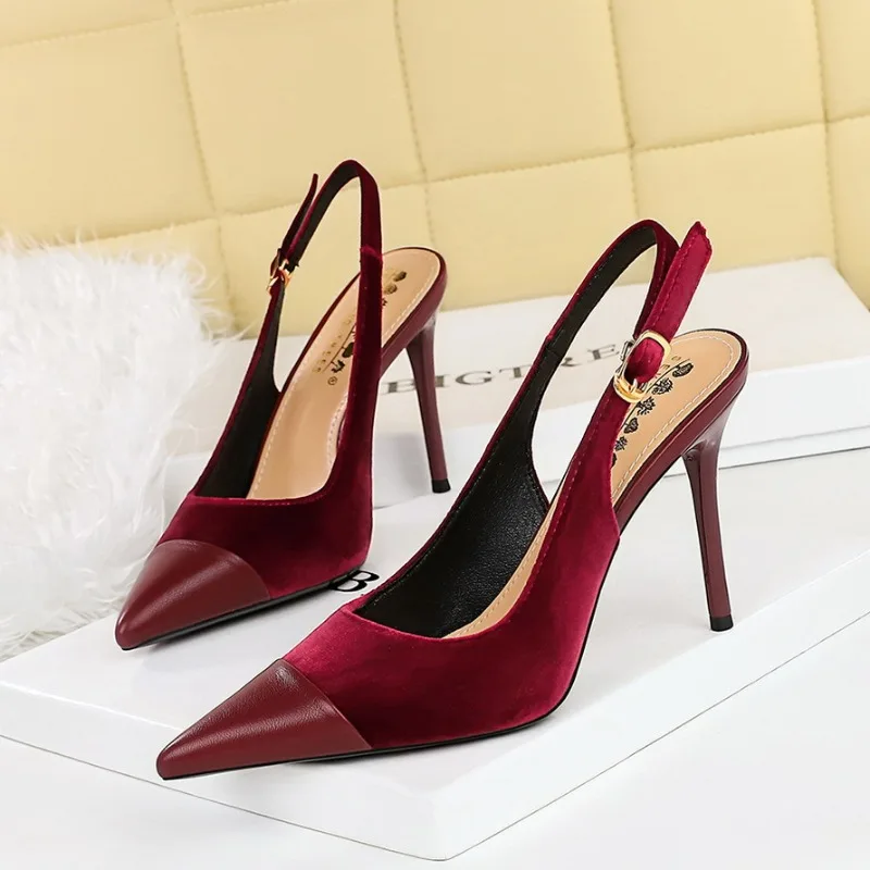 BIGTREE Velvet Surface 9.5CM High Heels with Shallow Mouth Splicing Pointed End Hollow Back Strap Back Women's Sandals