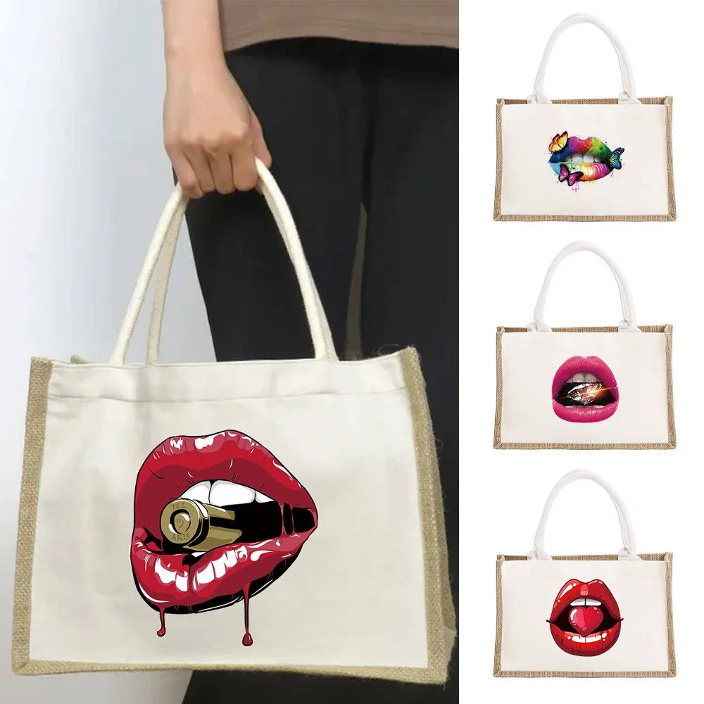 

Fashion Storage Handbag Shopping Bags Large Capacity Mouth Printing Portable Tote Bag Grocery Beach Outdoor Casual Commute