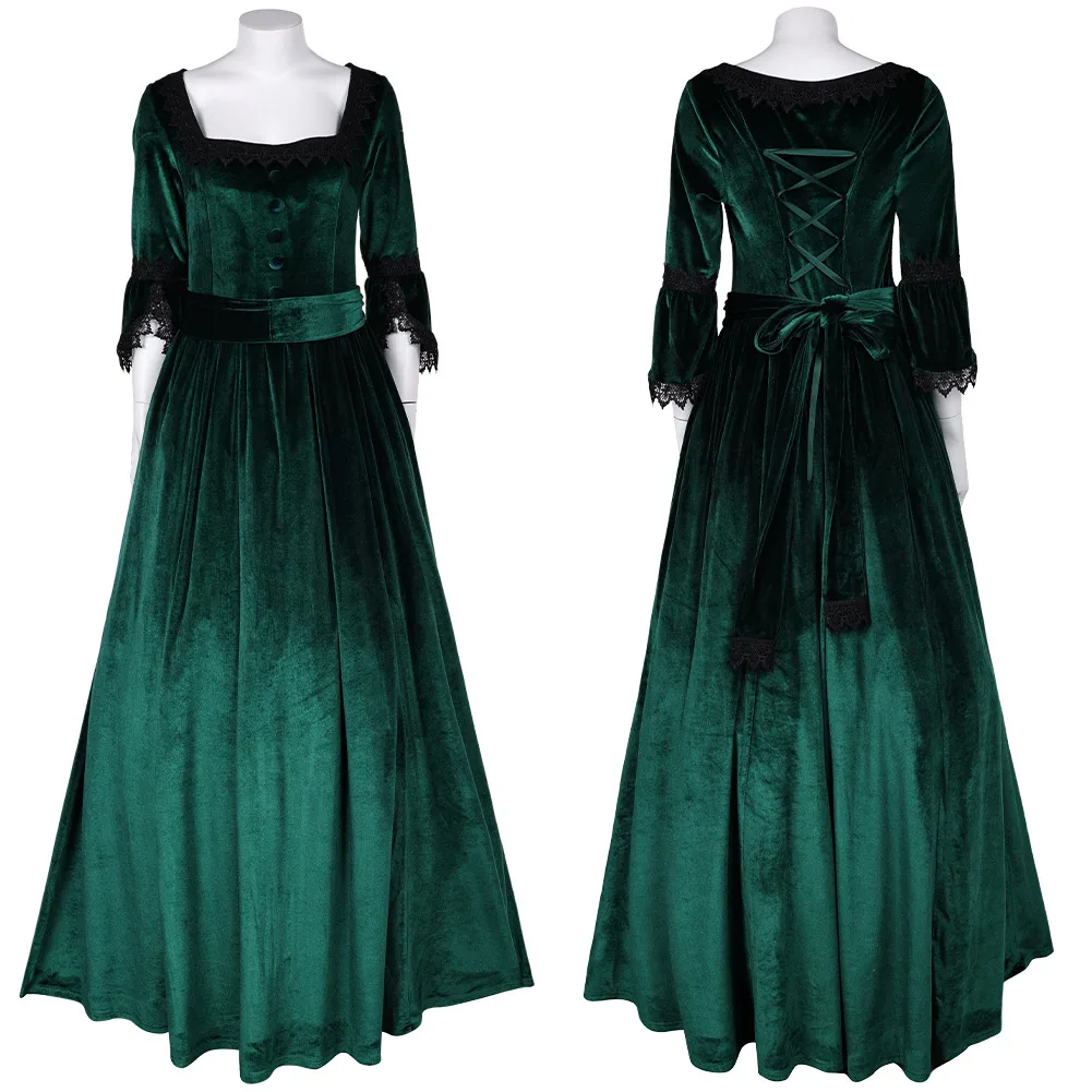 Adult Formal Dark Green Dress Retro Cosplay Medieval Gothic Belt Costume Suit Outfits Halloween Carnival Party Clothing