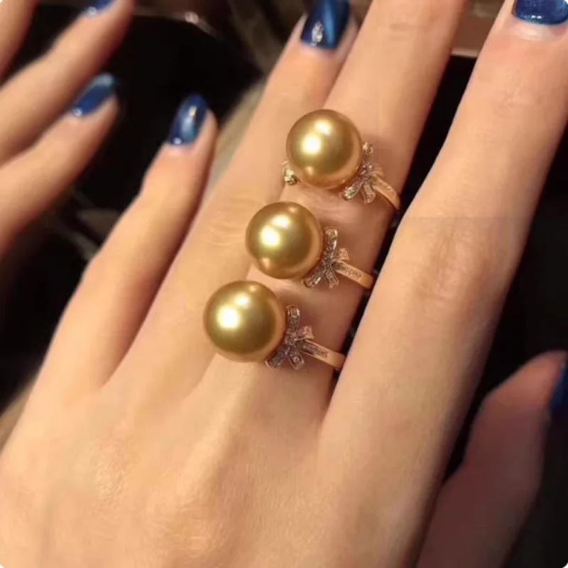 Gorgeous AAAA 10-9mm Round Natural South Sea Gold Pearl Women's Ring 925 Silver
