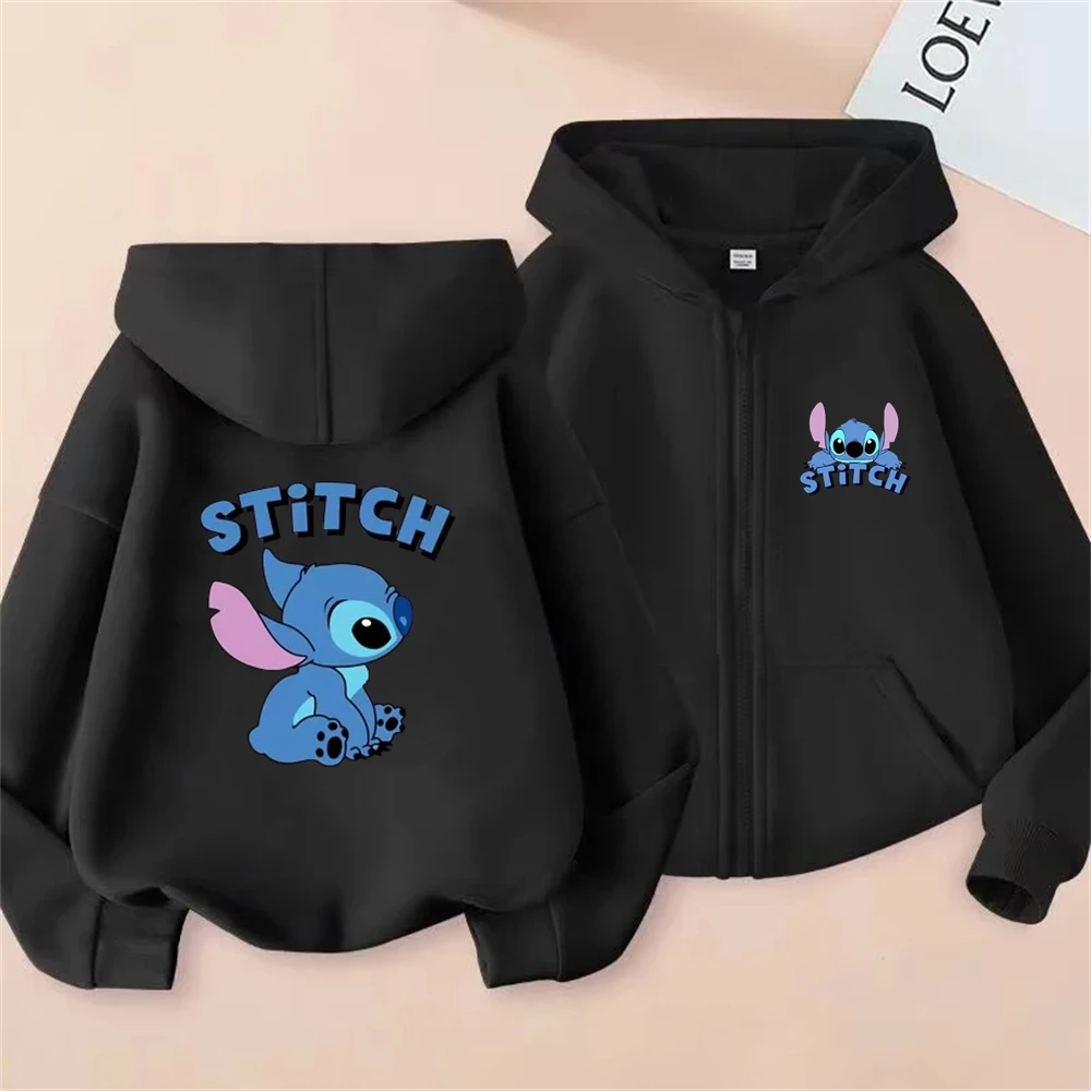 

Kids Zipper style Sweatshirt Long sleeves leisure Tops Children Hoodie Disney Stitch Hoodie Boys black Girls pink 3-12 Year
