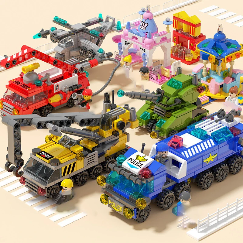 Hot City Vehicle Building Blocks Kit Fire Engine Police Car Ambulance Engineering Model Blocks Mini Action Figures Kids Gift Toy