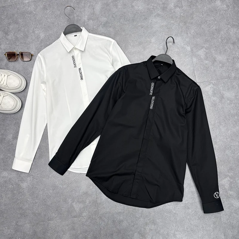 

Business Casual Long Sleeve Shirt Men's Fashion Letter Embroidery Spring Autumn Cotton Blend Fabric Versatile Young Adult Shirt