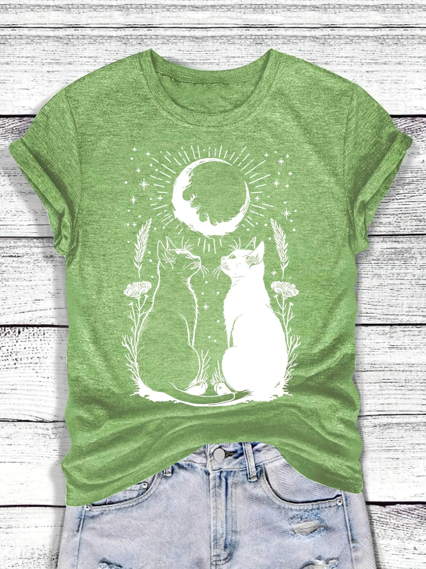 Mystical Moon Cats Women's Tee - Witchy Celestial Graphic, Casual Turquoise Top
