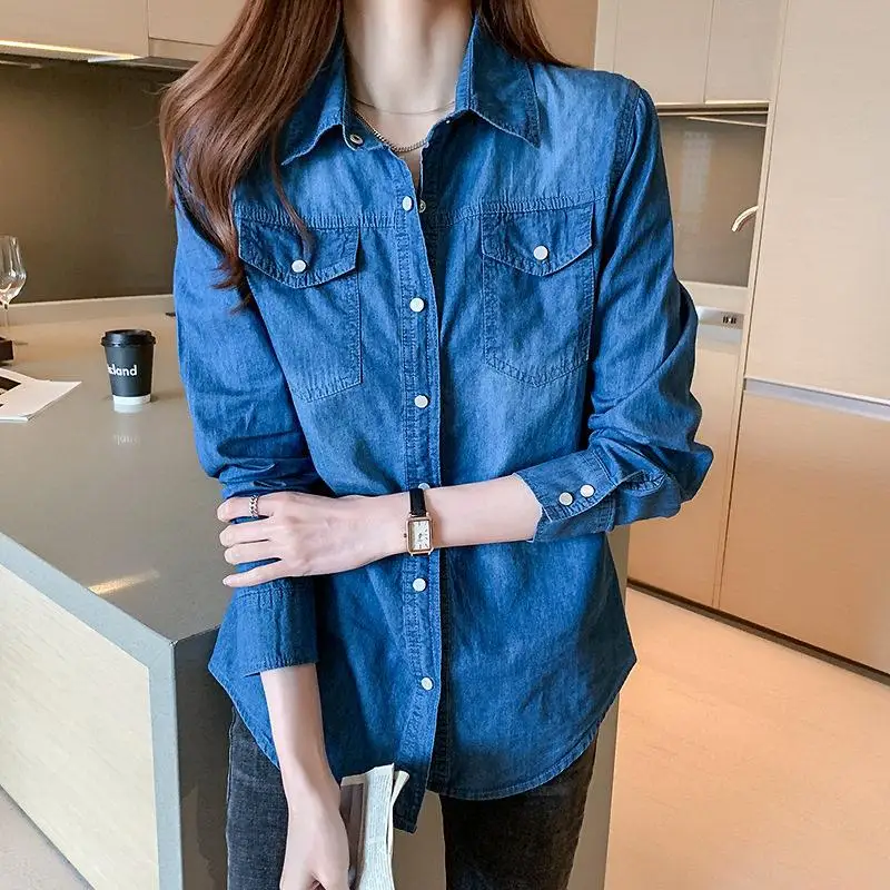Women's Long Sleeve Denim Cowboy Shirt Slim Fit Sved Style Pocket Detail  Collar Versatile Fashionable Ladies' Shirt