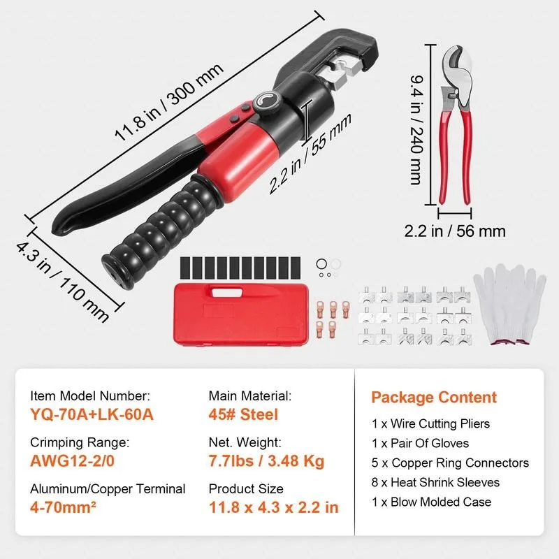 Hydraulic Crimping Tool with 9 Sets of  Dies AWG12-2/0 Copper And Aluminum Terminal Battery Lug Crimper, with a Cutting Pliers, Gloves, 10pcs Copper Ring Connectors, 8pcs Heat Shrink Sleeves