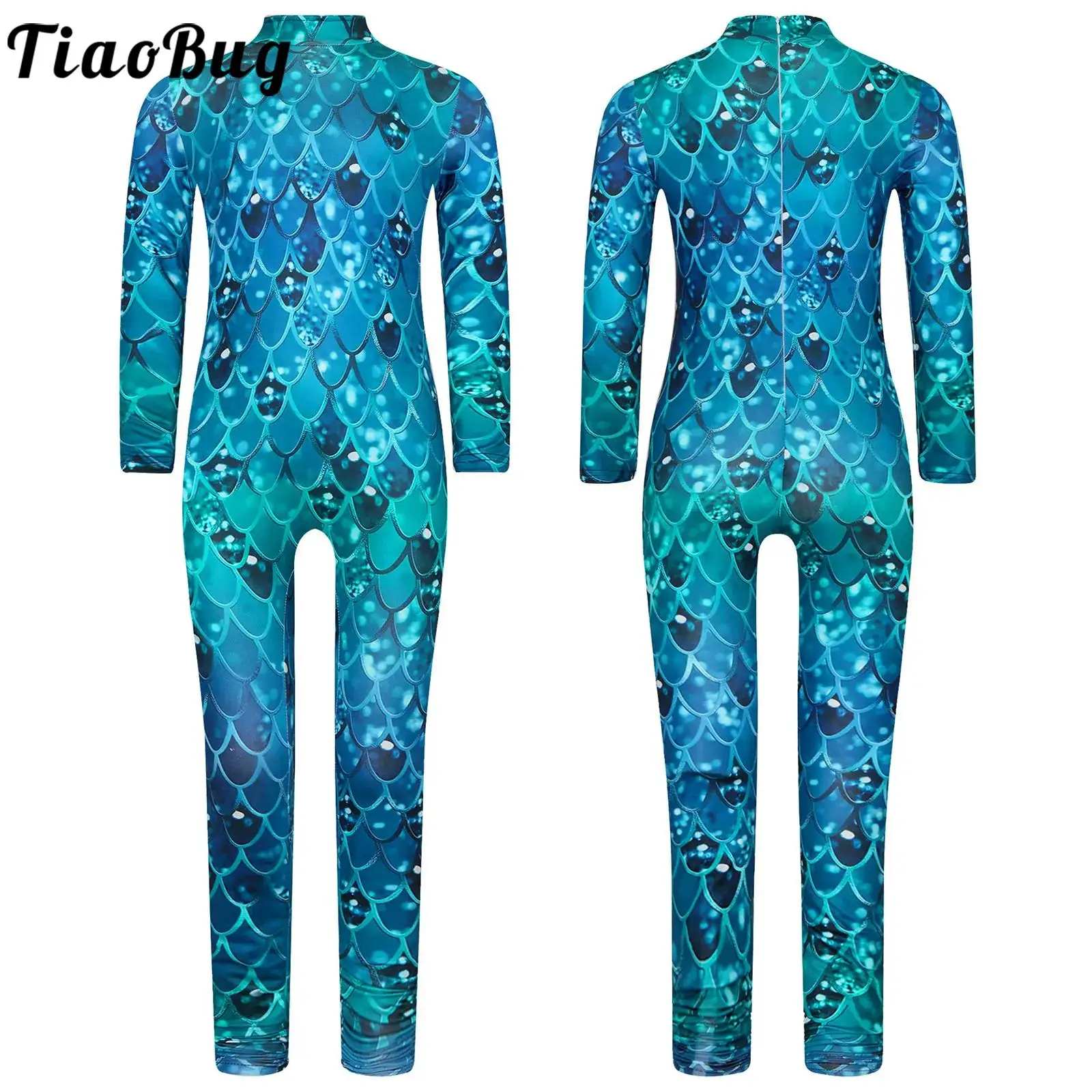 

Girl Jumpsuit One-piece Swim Romper Mermaid Cosplay Costume Fish Scale Bodysuit Full Body Leotard for Gymnastics Halloween