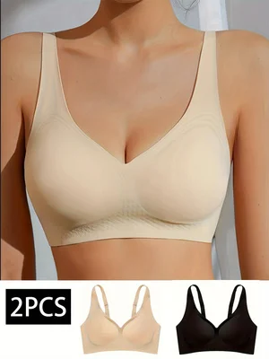 

2 pieces of seamless and fully-covered wireless bra - soft, thin, quick-drying, cool and breathable, detachable underwire, invisible jelly cups, V-neck, knitted fabric, adult and sexy lingerie