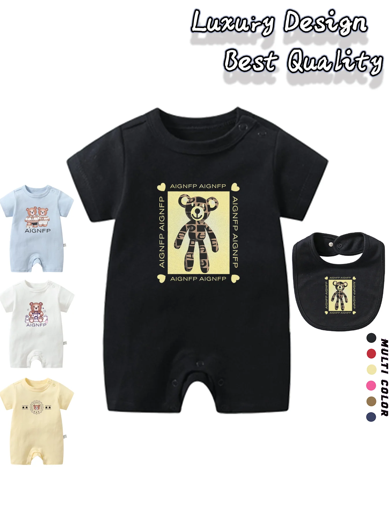 2025 Hot Sale Newborns Summer Clothes %100 Cotton Baby Boys Rompers Cute Cartoon Bear Print Toddler Jumpsuit Bib scarf 2Pcs Set
