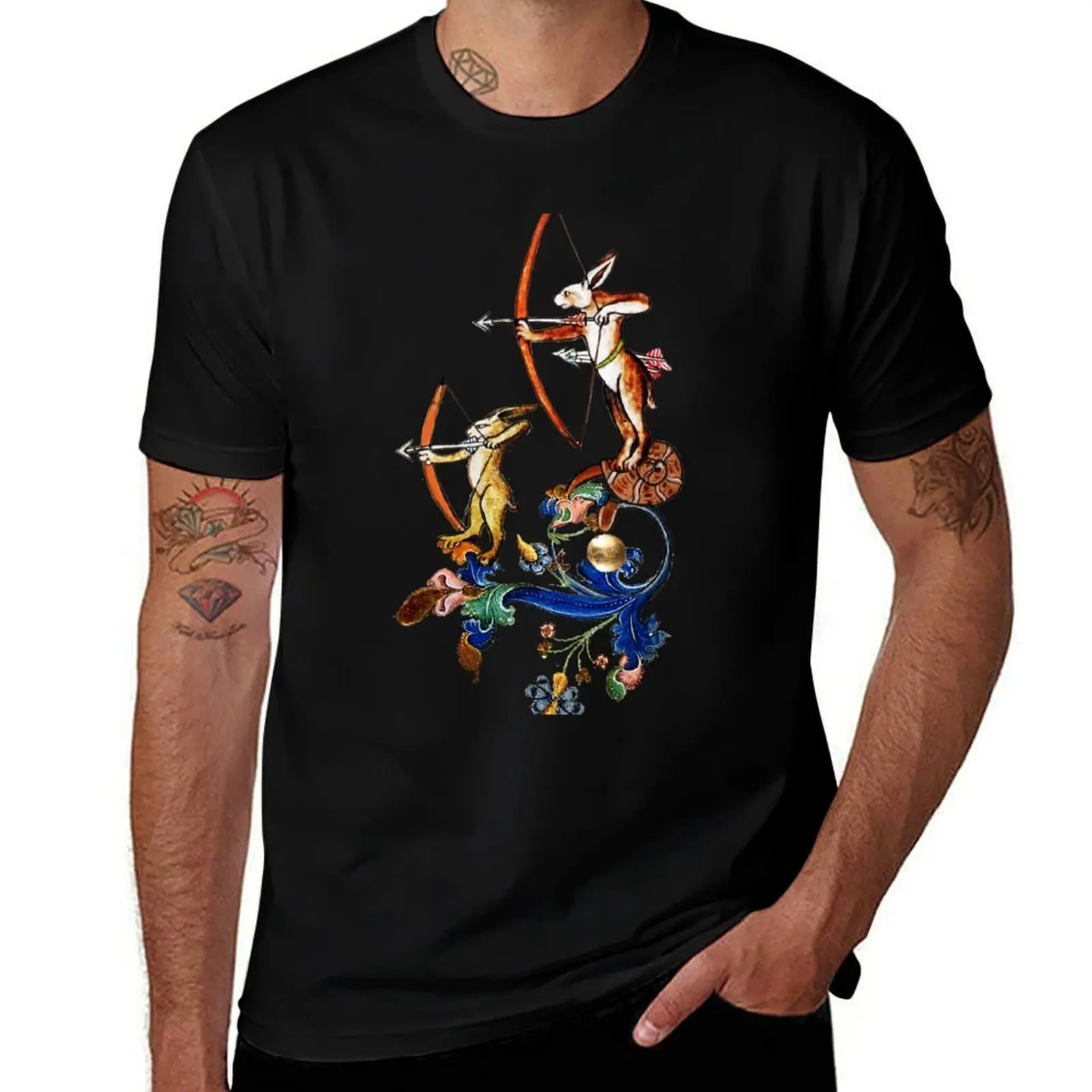 WEIRD MEDIEVAL BESTIARY, ARCHER RABBITS ON FLORAL SWIRLS T-Shirt Large Size Casual Short Sleeve Top T-Shirt