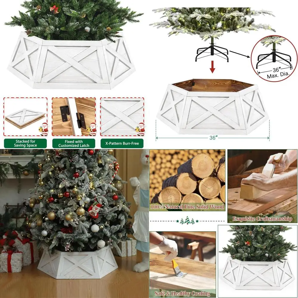 

Large 36 Hexagonal White Tree Collar, Rustic Farmhouse-Style Base Cover for 7.5-9ft Artificial Trees