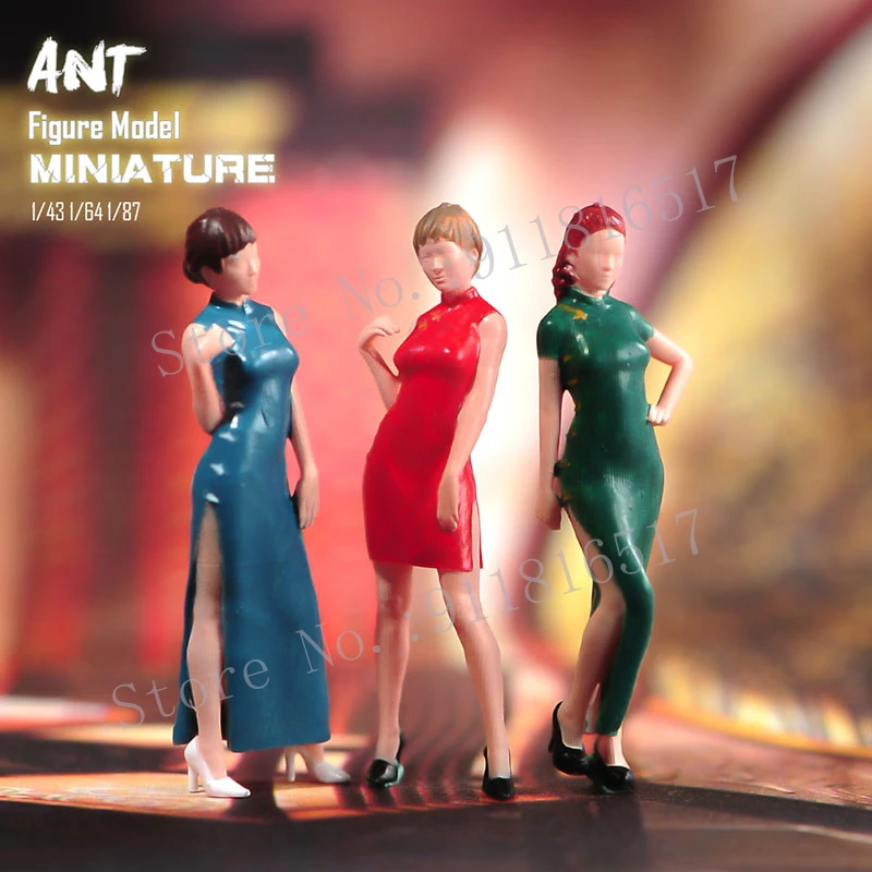 Miniatures 1/87 1/64 1/43 Cheongsam Beauty Female Figure Street Scene Sand Table Photography Model Toy for Car Vehicle