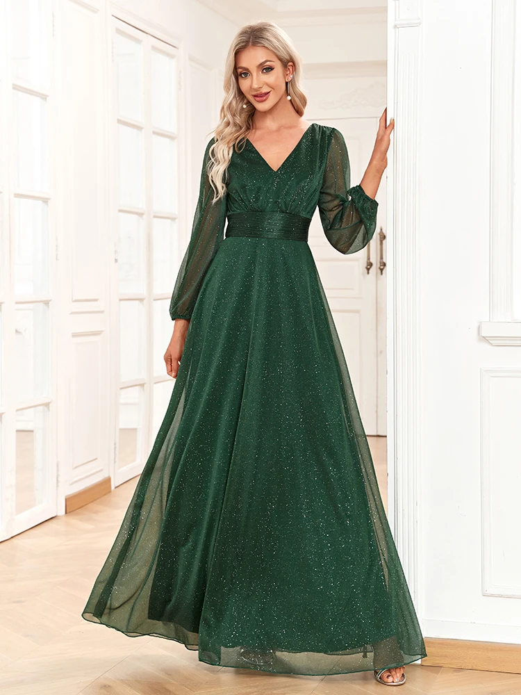 Women Elegant V-neck Sparkling Chiffon Evening Dress A-Line Long Sleeve  Wedding Party Gown For Bridesmaid New Vestido De Festa