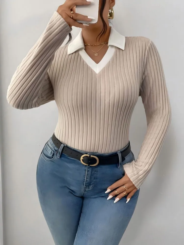 المرأة حجم كبير L-4XL عادية الخامس الرقبة طويلة الأكمام الحياكة سترة فضفاضة تي شيرت الرياضة في الهواء الطلق ملابس النساء المتضخم