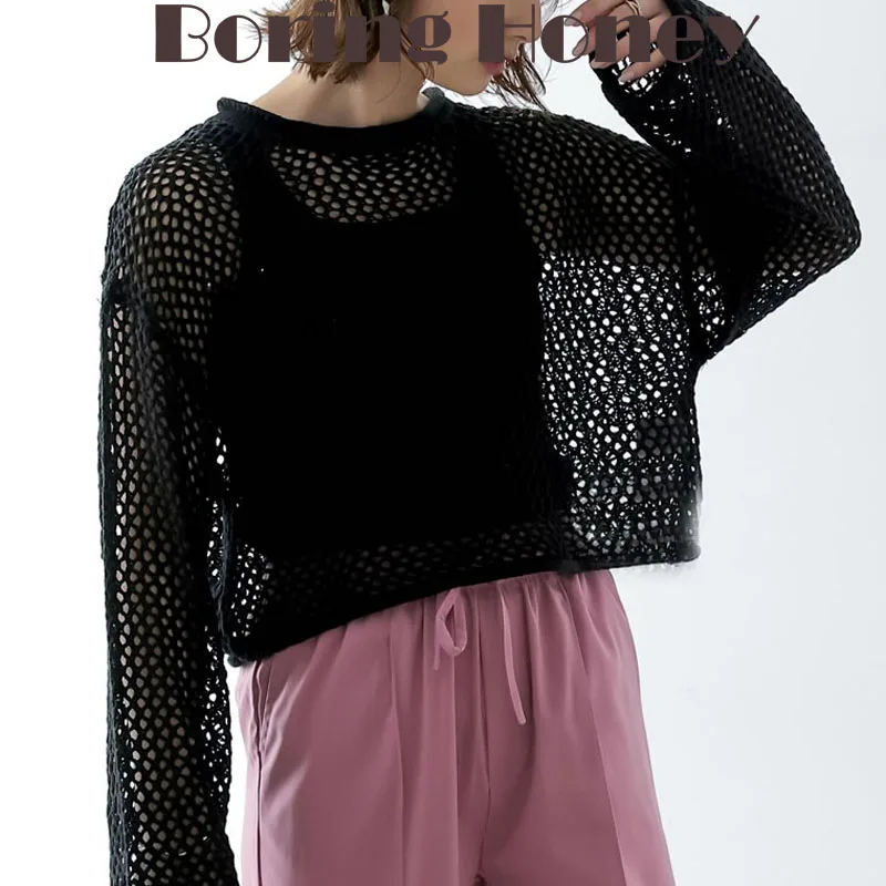 

Boring Honey Fashion Round Collar Knitting Tops Women Mesh Hollow Out Short Tops Retro Be All-Match Long Sleeves Beach Crop Top