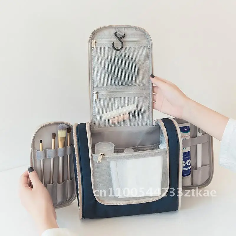 

Double Open Waterproof Polyester Wash Bag Portable Travel Storage Organizer with Hook for Toiletries Cosmetics Hair Accessories