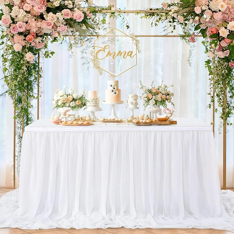 Jupes de table semi-transparentes en mousseline de soie, nappes blanches pour arrière-cour, mariages, fête d'anniversaire, fête préChristophe, décorations de table d'attente de gâteau