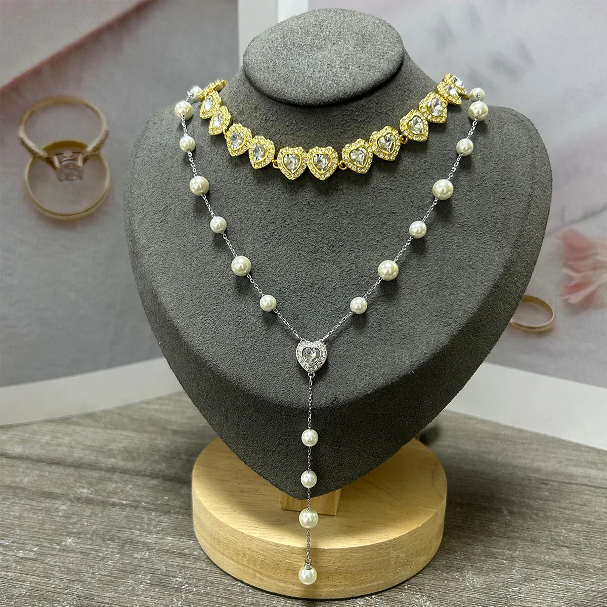 Heart Shaped Cubic Zirconia Pearl Set, Necklace Ring Earrings Bracelet Elegant Formal Party Jewelry Collection