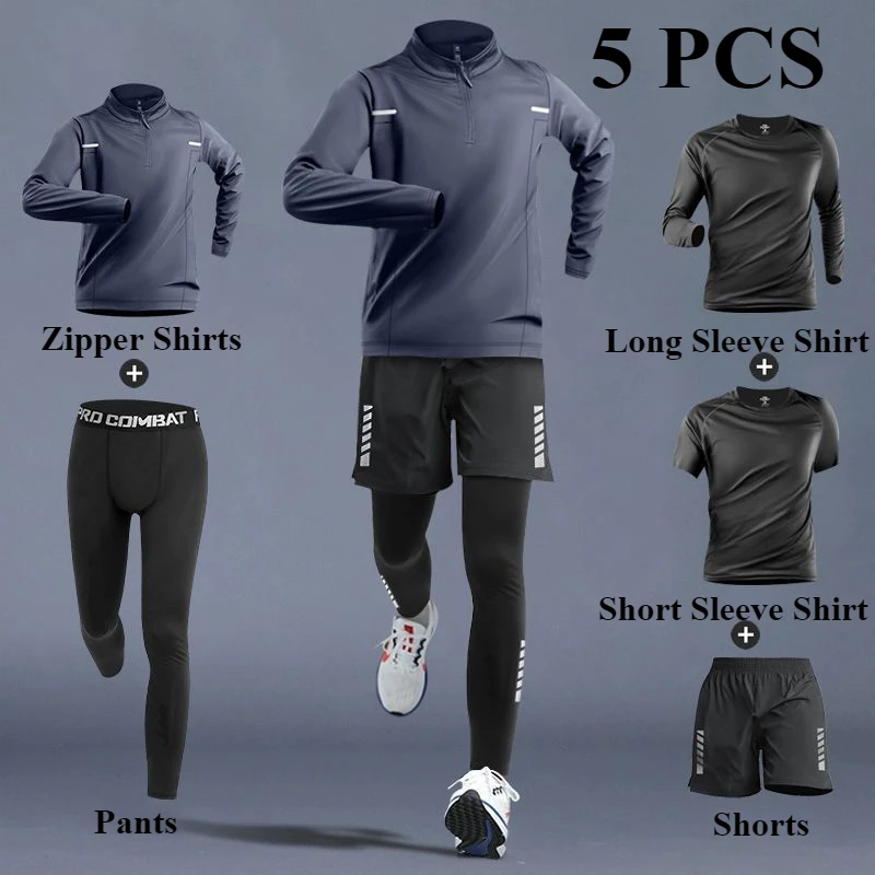 Men's Quick-Dry Sports Set 1-5 PCS Spring Track Field Zipper Training Running Fitness Long-Sleeve Shirts Cycling Gym Track Suit