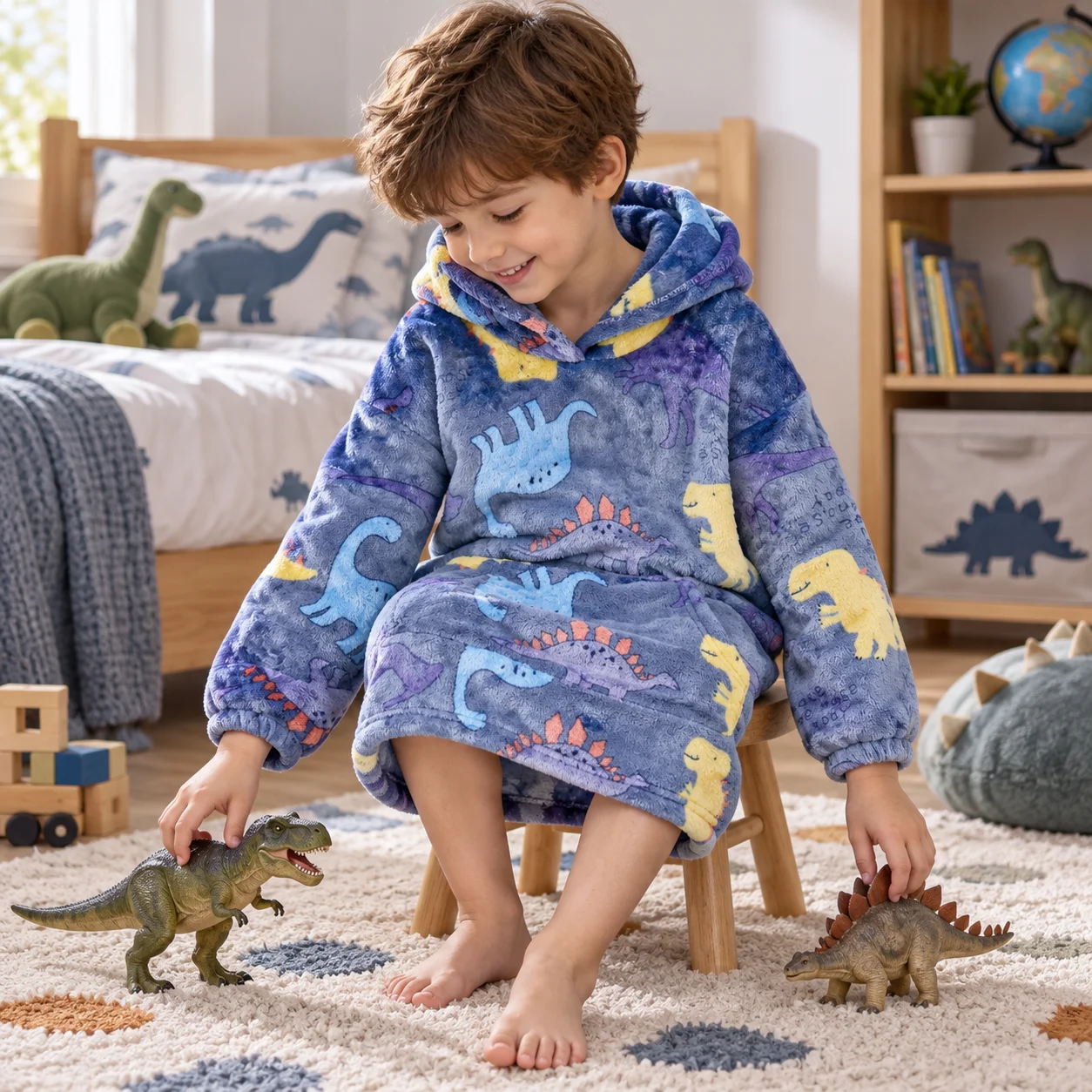 Kids Hooded Flannel Robe Bear Dinosaur Print Toddler Boys  Warm Fleece Sleepwear Cozy Winter Loungewear with Front Pocket
