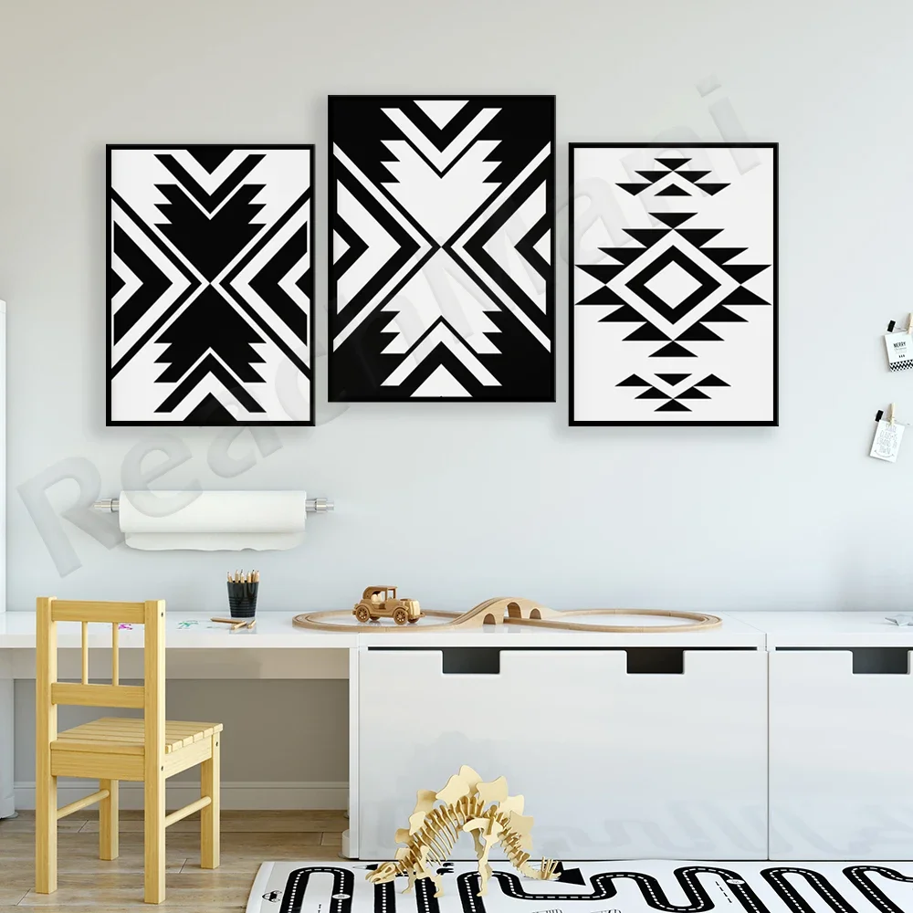 

Aztec prints, minimalist artwork, modern contemporary art, black and white Aztec abstract decorative posters, printed in Bohemia