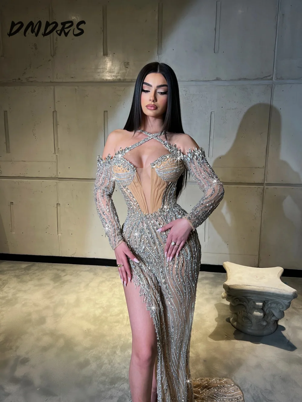 

Luxurious Beaded Prom Dress 2025 Sexy Sweetheart Long Sleeve Evening Dress Classic Sequined Floor-Length Gown Customized