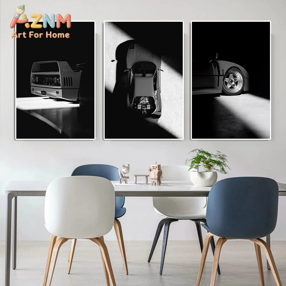 AZNM Ferrari F40 Impresión artística de pared en blanco y negro, póster de lienzo sin marco, vista trasera y superior minimalista del icónico superdeportivo italiano