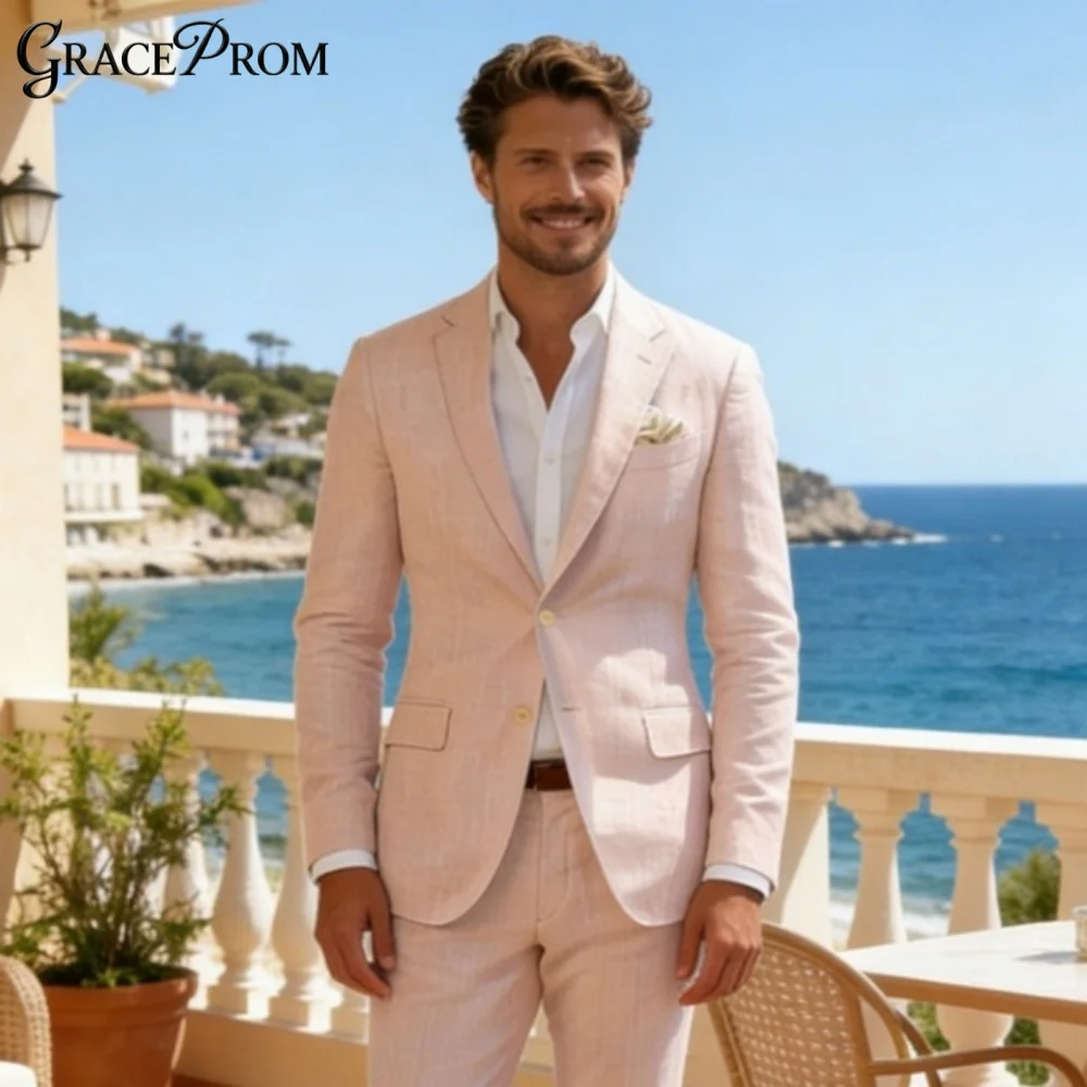 

Elegant Light Pink Linen Suit for Men Single Breasted Notch Lapel Blazer Pants Set Perfect for Beach Weddings Summer Occasions