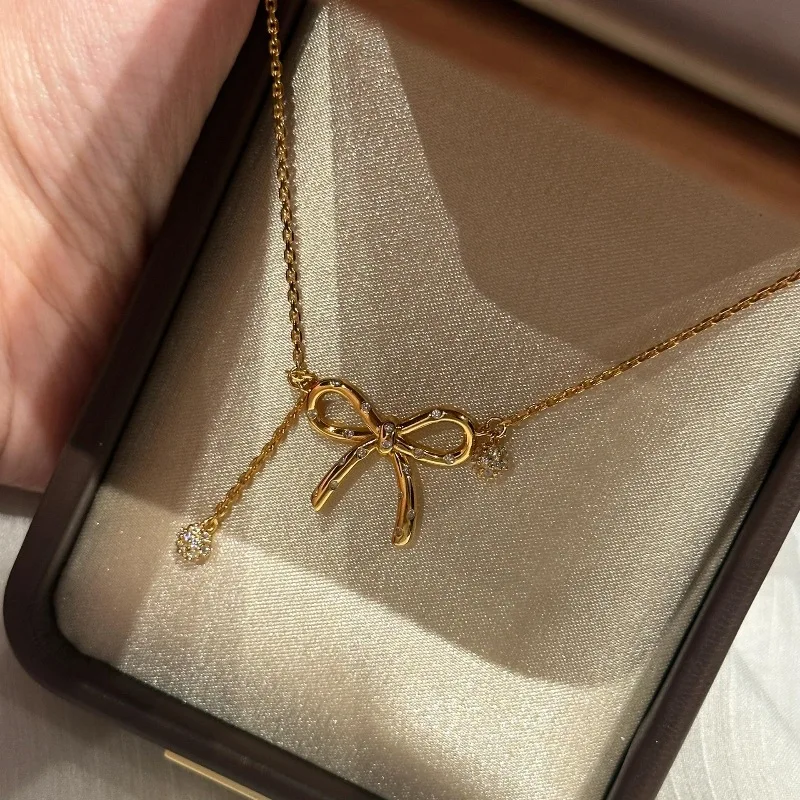Retro Luster Bowknot Necklaces High Quality Trend Style Inlaid Diamond Light Luxury Elegant Collar Chain Party Jewelrys
