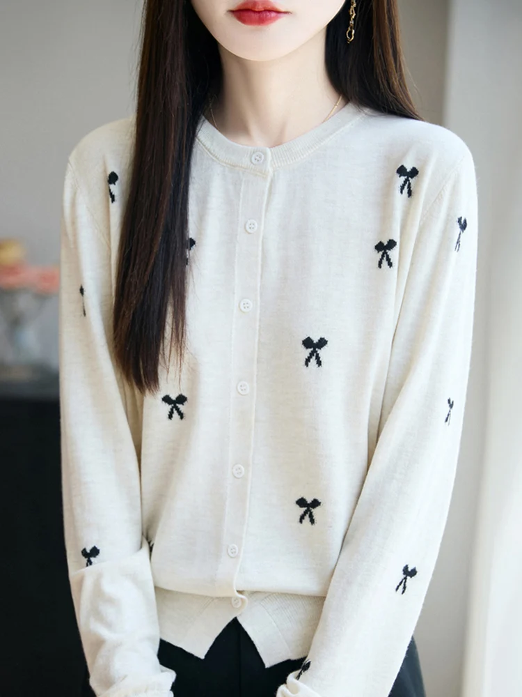 

Sweet Sle Thin Knitted Cardigan Women's round Ne Sweater Knot Student Loose Fit Soft Material Long Sve Top