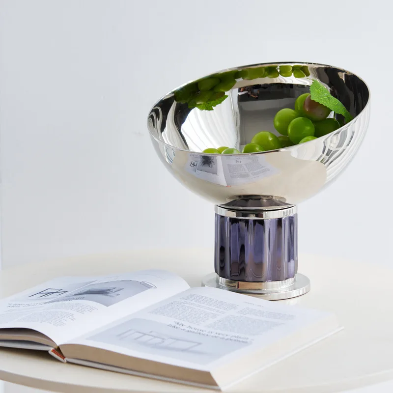Modern Simple Aluminum Silver Tall Bowl Fruit Plate, Storage Tray Decorative Bowl Decoration