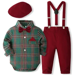 5 Stück Frühling Herbst Kinder Kleidung Jungen koreanische Mode Plaid Gentleman Bodysuit Hosen Hut Baby Luxus Kleidung Neugeborene Set bc1693