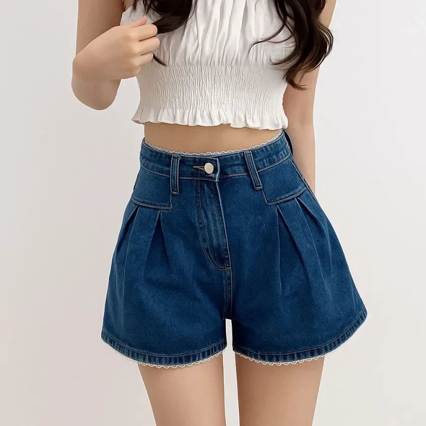 Denim Dark Blue Shorts Womens Button Classic Shorts High Waist Slimming Pleated Office Lady Elegant Chic Streetwear Vintage Blue
