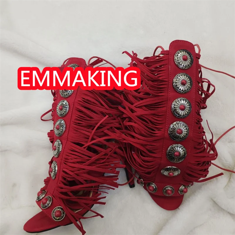 Fringe Red European Retro Buttons Suede Fashion Lace Up Summer Sandals Women 2025 New Runway Stiletto Tassels Ladies Shoes Heels