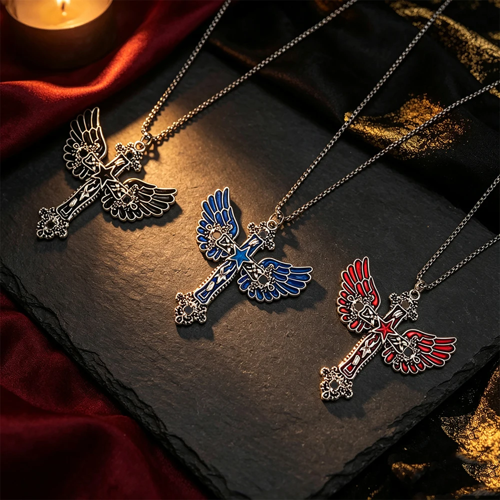 Vintage Distressed Silver Angel Wings Pentagram Cross Necklace, Three-Color Enamel Punk Street Style Long Sweater Chain for Men and Women