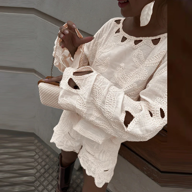 

2025 Fashion Crochet Long Sleeve Female 2 Piece Sets Embroidery O Neck Women Shirt Set Hollow Out Wide Leg Lady Short Pant Suit