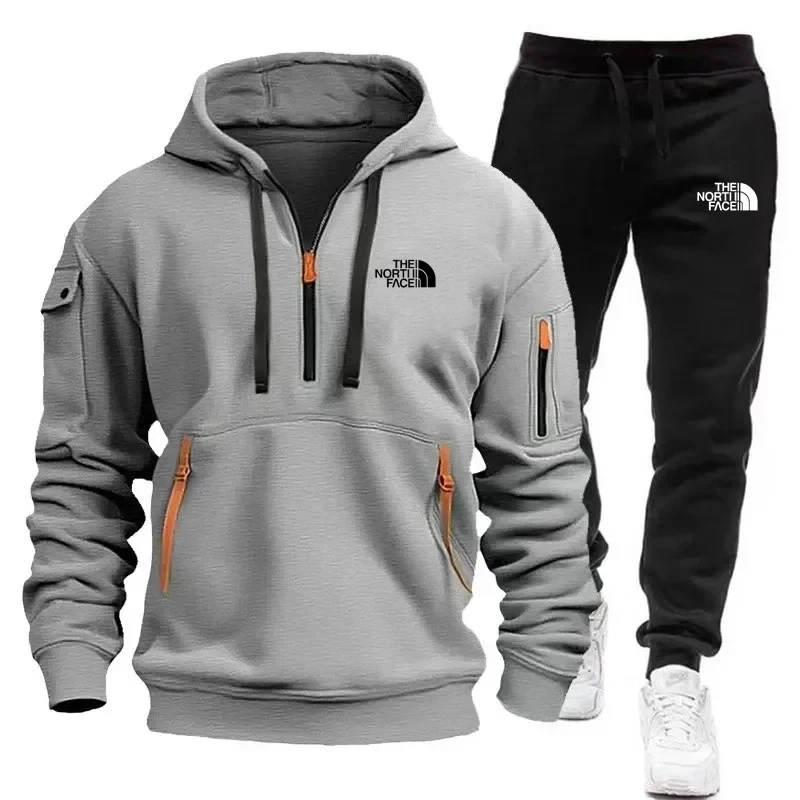 Mens Sports Hoodie Jogger Pants Set Warm Fleece Lined Sweatshirt with Zipper Pockets Long Sleeve Pullover Tracksuit for Outdoor