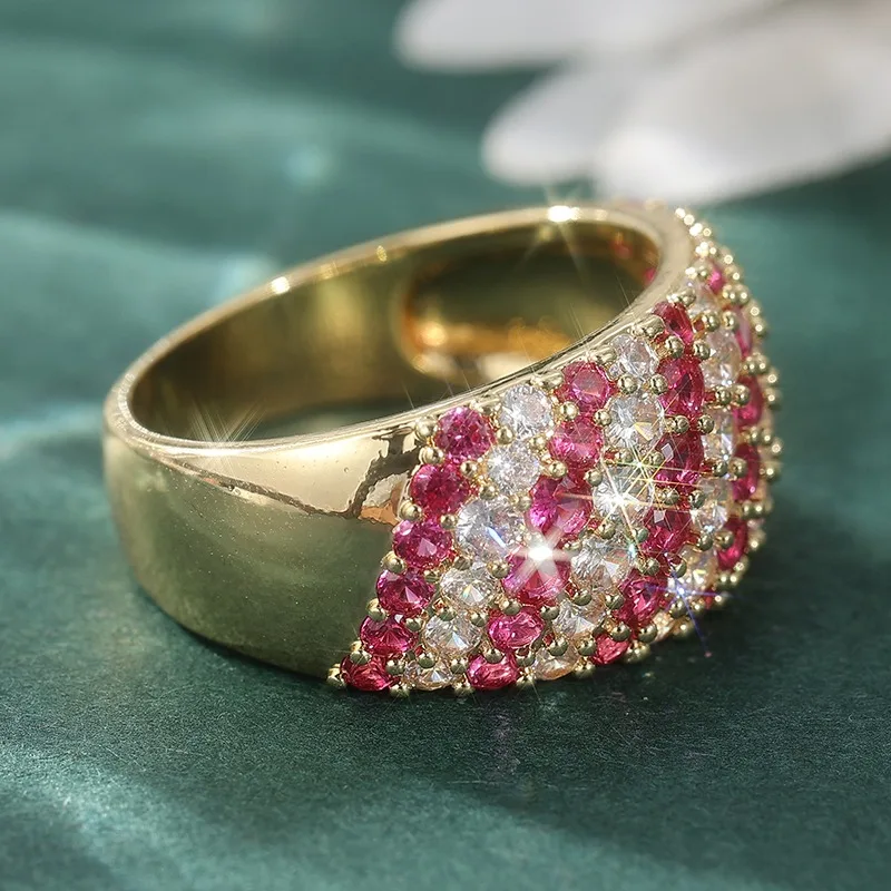 Wunderschöner eingelegter weiß-rosa CZ-Damenring, ästhetische geometrische Form in Goldfarbe, für den täglichen Gebrauch, Partyschmuck, Jubiläumsgeschenk – Detail 3