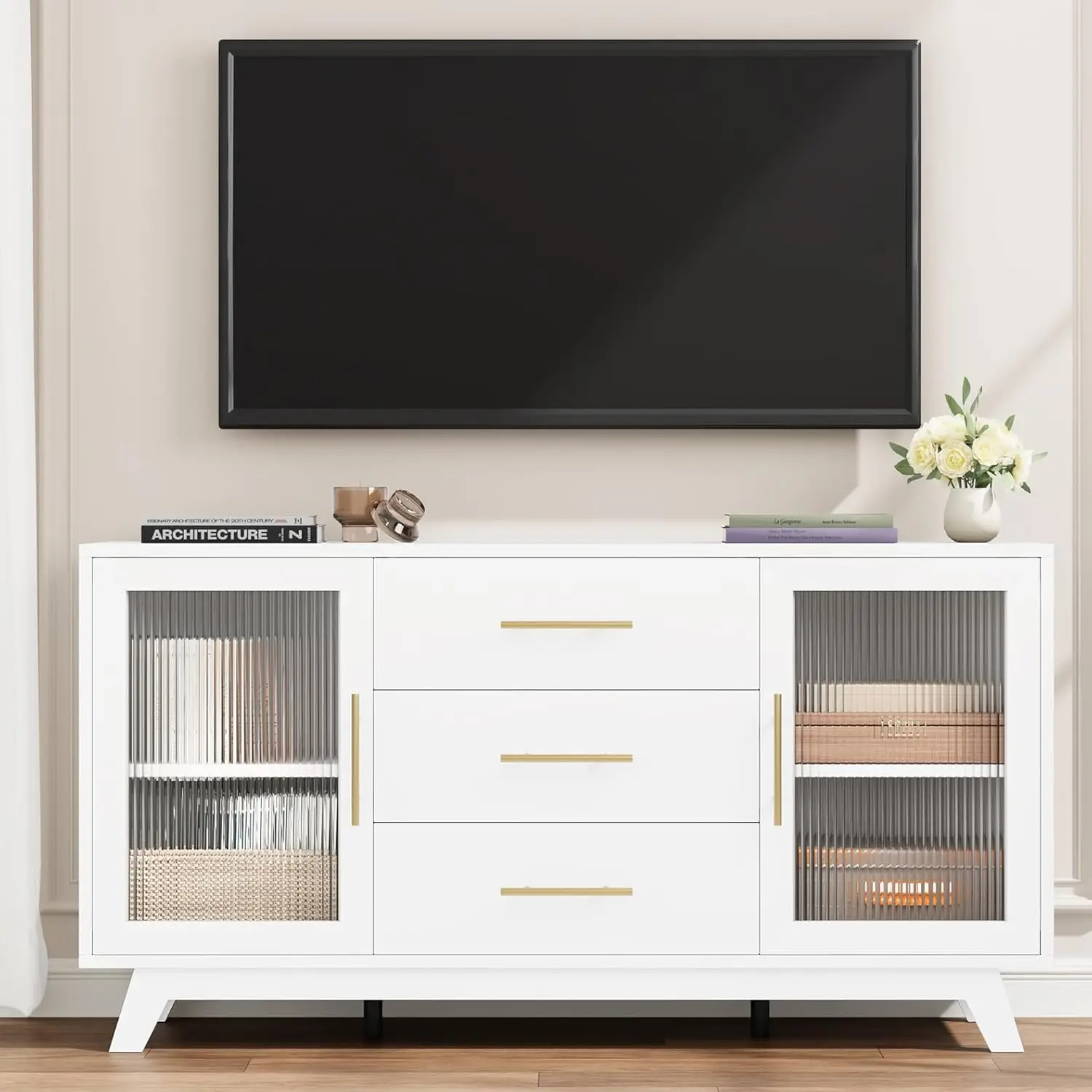 

Retro Buffet Cabinet with Fluted Glass Doors, 56" Kitchen Storage Sideboard, ltifunctional Coffee Bar Cabinet with Adj