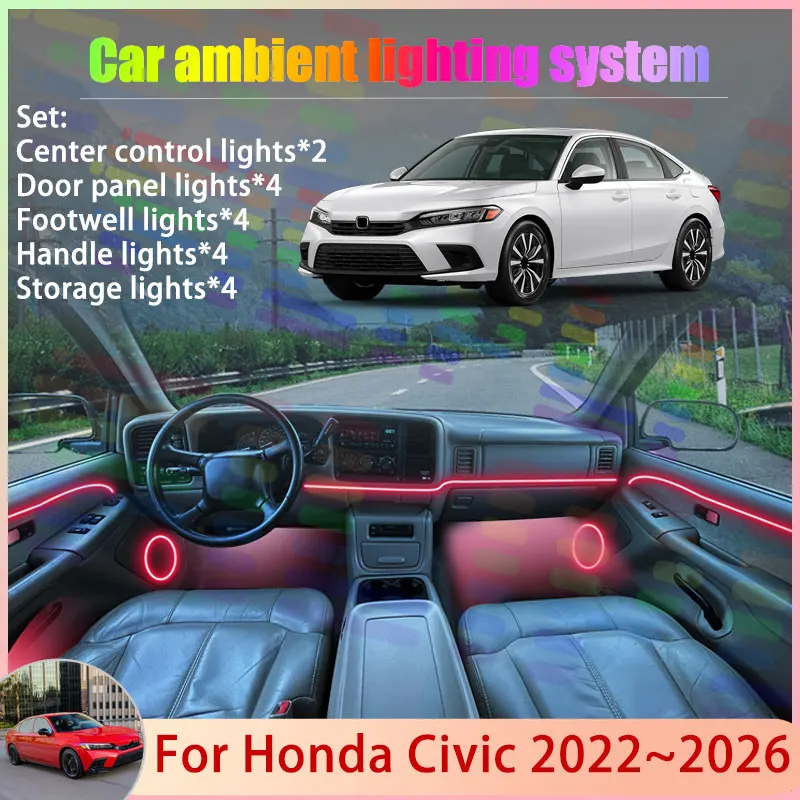 

Для Honda Civic FE FL MK11 2022 ~ 2026 FE1 FE2 FE4 2/18 в 1, автомобильная атмосферная лампа, RGB абажур, ансамбль, стример, атмосферный набор