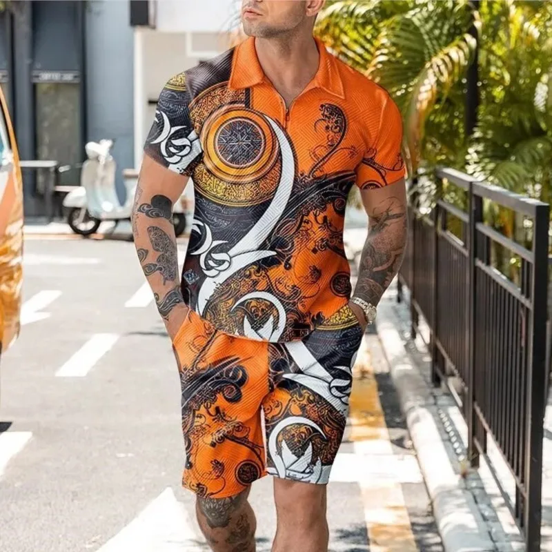 

2025 New Summer Fashion Men's Tracksuit Print Casual Zipper Polo Shirt Suit Shorts 2pcs Sets Trend Animal Streetwear Clothes