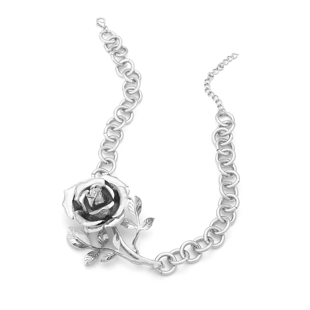 Unique ZA Metal Rose Pendant Necklaces for Women Thicken Circle Alloy Chains Link Flower Necklace Wedding Jewelry