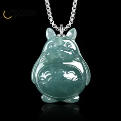 Authentic Natural Jadeite Blue Water Stereoscopic Totoro Pendant Beautifully Carved Ice Cute Fashion Necklace for Men and Women