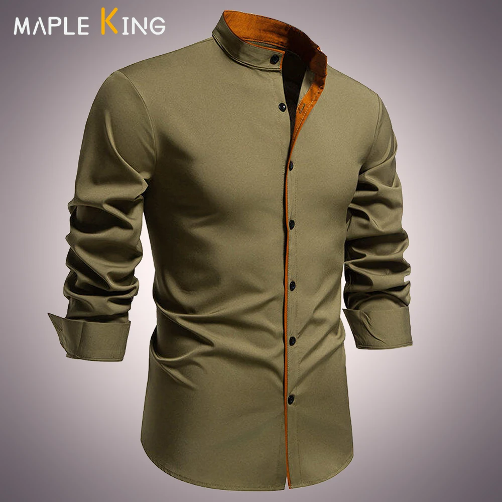 

Patchwork Color Shirts for Men Luxury Henry Collar Camisas Streetwear New Autumn Mens Long Sleeve Business Social Chemises Tops