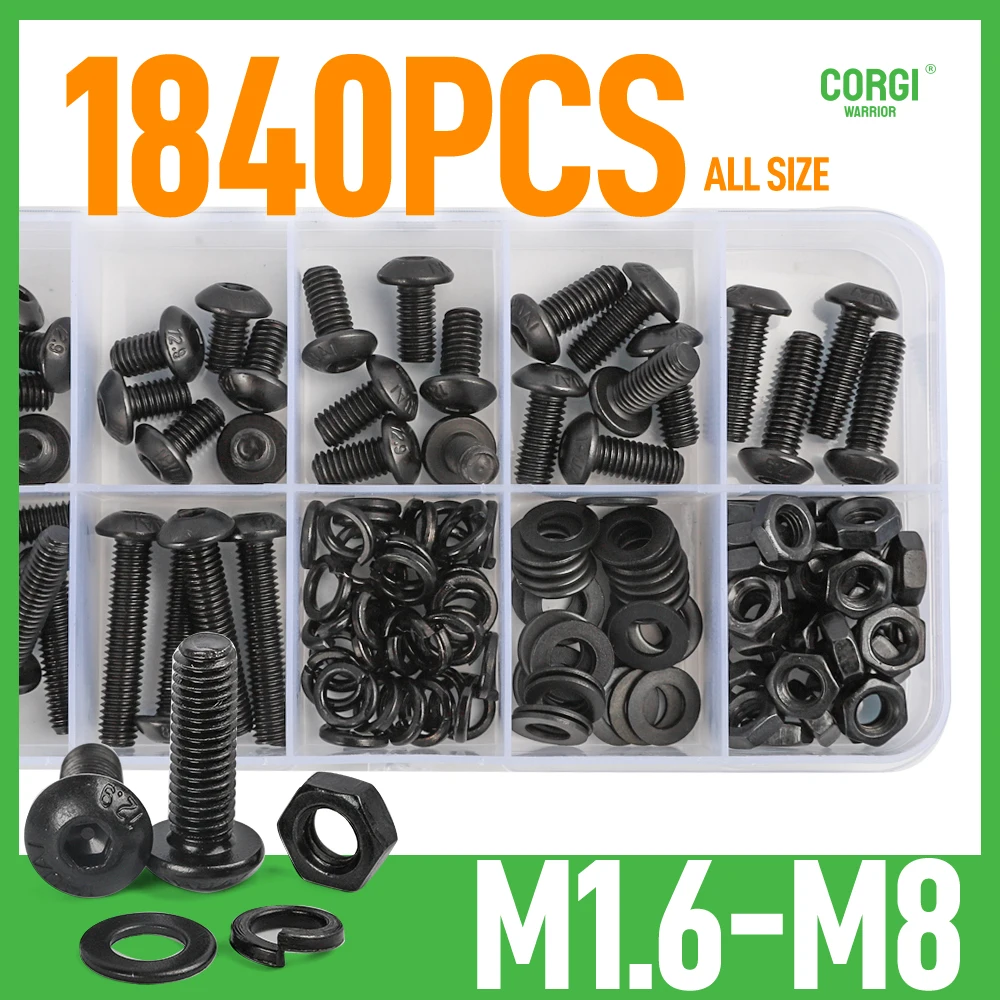 M1.6 M2 M2.5 M3 M4 M5 M6 M8 Button Head Hex Socket Cap Screw Assortment Kit 1840P Allen 10.9 Black Steel Bolts with Nuts Washers