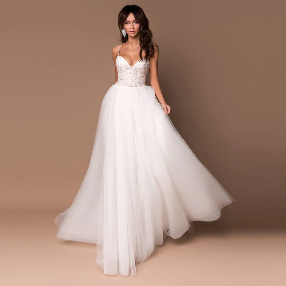 

Tulle White Sexy Wedding Dresses for Women Spaghetti Strap Strapless with Bobo Sleeveless Bridal Gowns Backless High Quality